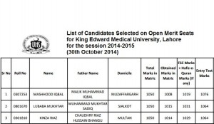 University of Health Sciences (UHS) Lahore: King Edward Medical University (KEMU) Lahore Merit List 2014 for Candidates Selected on Open Merit Seats for Government Medical Institutions of the Punjab (Session 2014-2015) (30th October 2014).