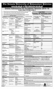 Islamia University of Bahawalpur (IUB) Bahawalpur Admission Notice 2014 for Doctor of Pharmacy (Pharm-D), Bachelor of Eastern Medicine & Surgery (BEMS), Bachelor of Homeopathic Medical Sciences (BHMS)