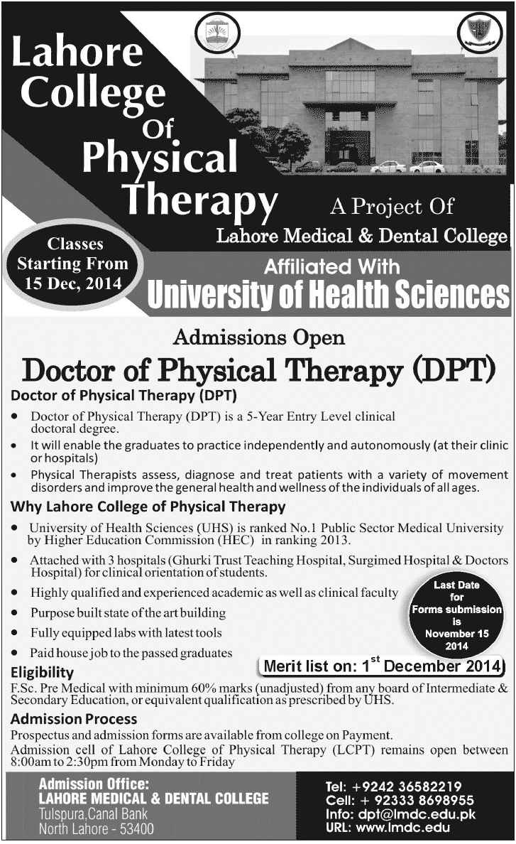 Lahore College Of Physical Therapy Lahore Admission Notice 2014 for Doctor of Physical Therapy (DPT)
