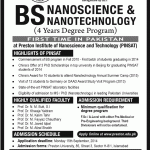 Preston Institute of Nano Science and Technology (PINSAT) Islamabad Admission Notice 2104 for BS in Nanoscience and Technology