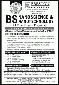 Preston Institute of Nano Science and Technology (PINSAT) Islamabad Admission Notice 2104 for BS in Nanoscience and Technology