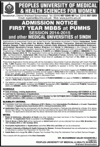 Peoples University of Medical & Health Sciences for Women (PUMHS) Nawabshah Admission Notice 2014 for Bachelor of Medicine, Bachelor of Surgery (MBBS) and Other Medical Universities in Sindh