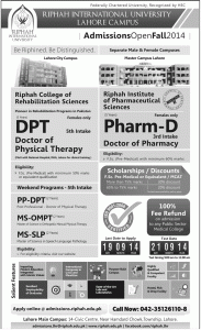 Riphah International University Lahore Admission Notice 2014 for Doctor of Physical Therapy (DPT), Doctor of Pharmacy (Pharm-D)