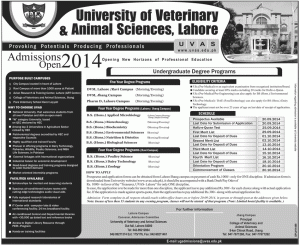 University of Veterinary and Animal Sciences (UVAS) Lahore Admission Notice 2014 for Doctor of Veterinary Medicine (DVM), Doctor of Pharmacy (Pharm-D)