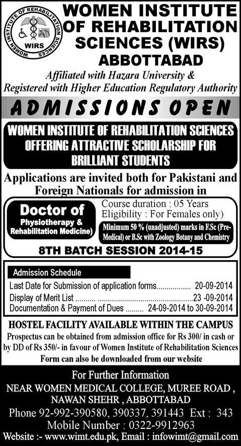 Women Institute of Rehabilitation Sciences (WIRS) Abbottabad Admission Notice for Doctor of Physical Therapy (DPT) 2014