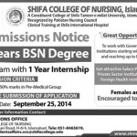 Shifa Tameer-e-Millat University (STMU) Islamabad, Shifa College of Nursing Islamabad Admission Notice 2014-2015 for Bachelor of Science in Nursing (BSN)