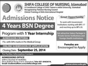 Shifa Tameer-e-Millat University (STMU) Islamabad, Shifa College of Nursing Islamabad Admission Notice 2014-2015 for Bachelor of Science in Nursing (BSN)