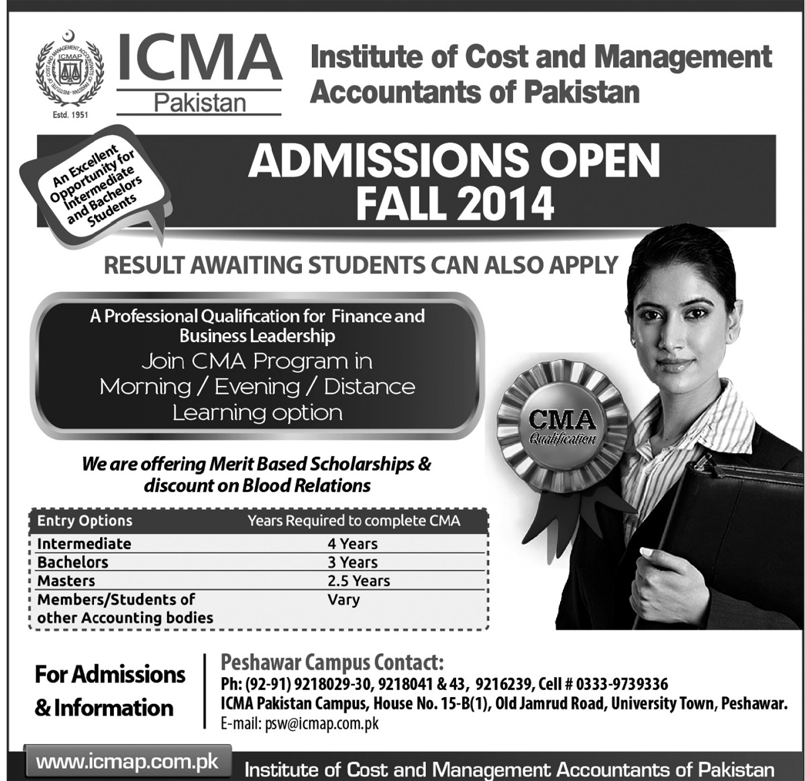 Institute of Cost and Management Pakistan (ICMAP) Lahore Admission Notice 2014-2015 for Certified Management Accountant (CMA)
