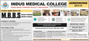 Indus Medical College Tando Muhammad Khan Admission Notice 2014-2015 for Bachelor of Medicine, Bachelor of Surgery (MBBS)