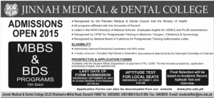 Jinnah Medical & Dental College (JMDC) Karachi Admission Notice 2014-2015 for Bachelor of Dental Surgery (BDS), Bachelor of Medicine, Bachelor of Surgery (MBBS)