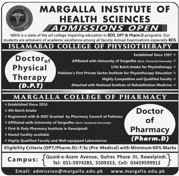 Margalla Institute of Health Sciences (MIHS) Rawalpindi, Islamabad College of Physiotherapy Rawalpindi Admission Notice 2014-2015 for Doctor of Physical Therapy (DPT)
