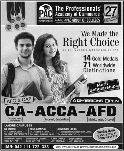 The Professionals' Academy of Commerce (PAC) Lahore Admission Notice 2014-2015 for Foundation Diploma (FD), Chartered Accountants (CA), Association of Chartered Certified Accountants (ACCA)