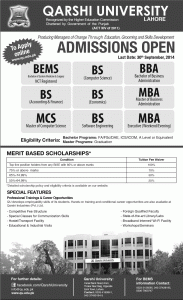 Qarshi University (QU) Lahore Admission Notice 2014 for Bachelor of Eastern Medicine & Surgery (BEMS), Bachelor of Business Administration (BBA)