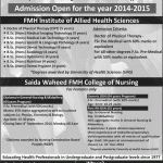 FMH College of Medicine & Dentistry Lahore, FMH Institute of Allied Health Sciences Lahore Admission Notice 2014-2015 for Doctor of Physical Therapy (DPT), B.Sc. (Hons.) Medical Laboratory Technology, B.Sc. (Hons.) Medical Imaging Technology, B.Sc. (Hons.) Dental Technology, B.Sc. (Hons.) Nutrition, B.Sc. (Hons.) Dental Hygiene, B.Sc. (Hons.) Speech & Language Pathology, B.Sc. (Hons.) Audiology, B.Sc. (Hons.) Optometry