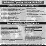 FMH College of Medicine & Dentistry Lahore, Saida Waheed FMH College of Nursing Lahore Admission Notice 2014-2015 for Diploma in General Nursing & Midwifery, Generic BSN, Post RN BSN