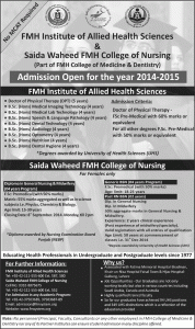 FMH College of Medicine & Dentistry Lahore, Saida Waheed FMH College of Nursing Lahore Admission Notice 2014-2015 for Diploma in General Nursing & Midwifery, Generic BSN, Post RN BSN