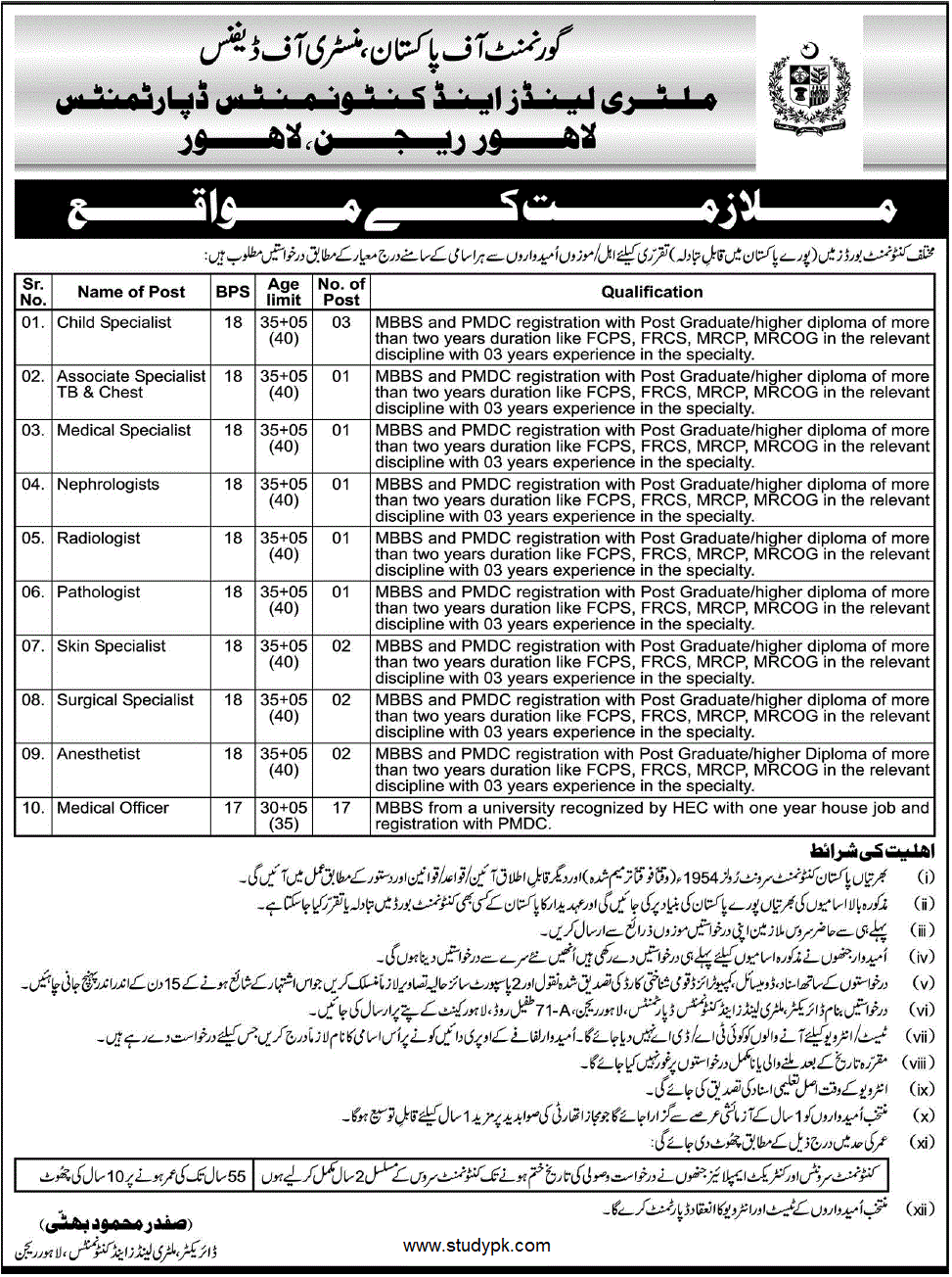 Medical Officers, Medical Specialists, Pathologists, Radiologists, Child Specialists, Associate Specialists TB & Chest, Nephrologists, Skin Specialists, Surgical Specialists, Anesthetist Jobs in Military Lands & Cantonments Department Lahore Region Lahore, Ministry of Defence, Government of Pakistan