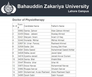 Bahauddin Zakariya University (BZU) Lahore Campus 3rd Merit List for Doctor of Physical Therapy (DPT) For The Year 2014-2015