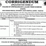 King Edward Medical University (KEMU) Lahore, Mayo Hospital Lahore, College of Ophthalmology & Allied Vision Sciences (COAVS) Lahore Admission notice 2014-2015 for Ophthalmic Technician