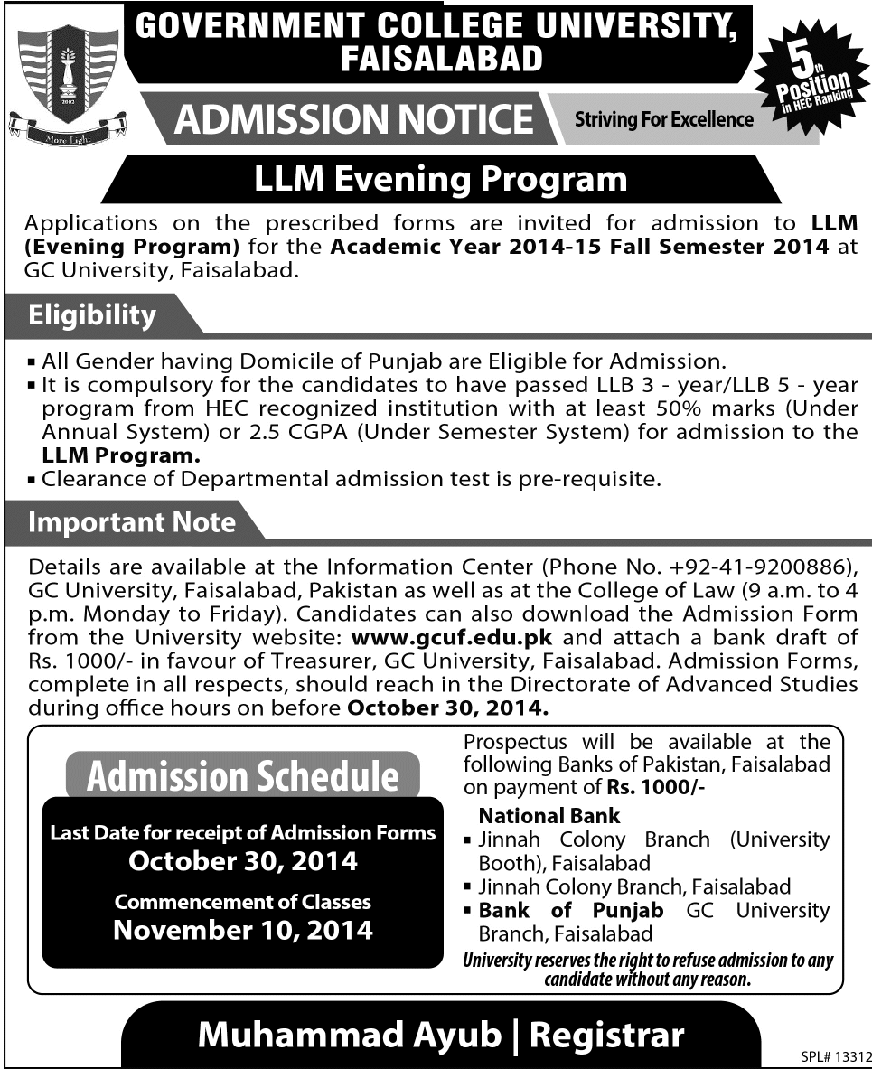 Government College University (GCU) Faisalabad Admission Notice 2014-2015 for Master of Laws (LLM)