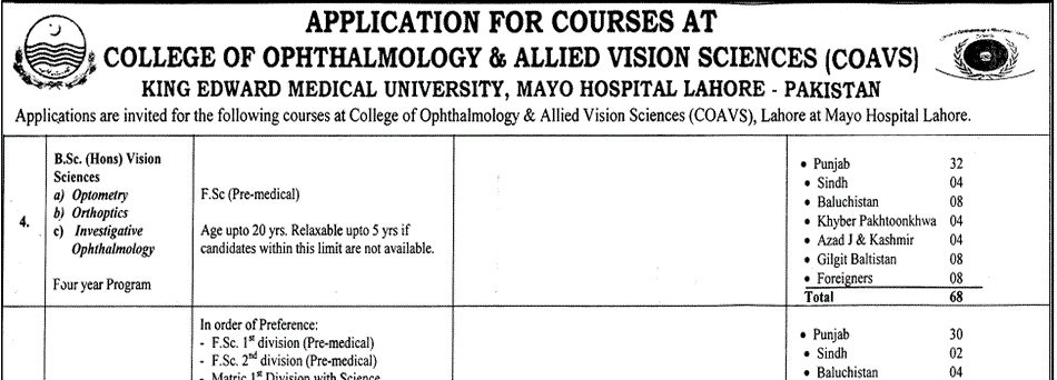College of Ophthalmology & Allied Vision Sciences Lahore Admission notice 2014