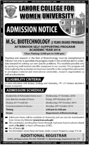 Lahore College for Women University (LCWU) Lahore Admission Notice 2014-2015 for M.Sc. Biotechnology