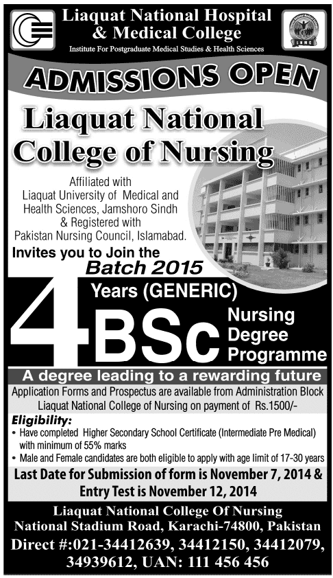 Liaquat National Hospital & Medical College Karachi, Liaquat National College of Nursing Karachi Admission Notice 2014-2015 for Bsc Nursing