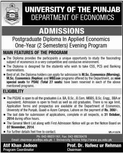 University of the Punjab Economic Department Admission Notice 2014-2015 for Postgraduate Diploma in Applied Economics