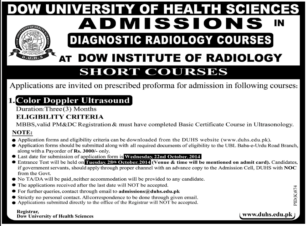 Dow University of Health Sciences (DUHS) Karachi, Dow Institute of Radiology Karachi Admission Notice 2014-2015 for Color Doppler Ultrasound