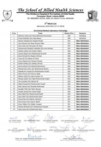 The School of Allied Health Sciences (SAHS) Lahore 2nd Merit List 2015 B.Sc. (Hons.) Medical Laboratory Technology