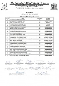 The School of Allied Health Sciences (SAHS) Lahore 2nd Merit List 2015 B.Sc. (Hons.) Medical imaging Technology