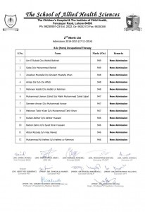 The School of Allied Health Sciences (SAHS) Lahore 2nd Merit List 2015 B.Sc. (Hons.) Occupational Therapy