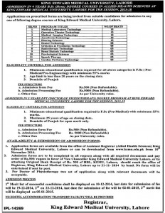 King Edward Medical University (KEMU) Lahore Admission Notice 2014
