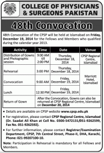 CPSP 48th Convocation will be held at December 19, 2014