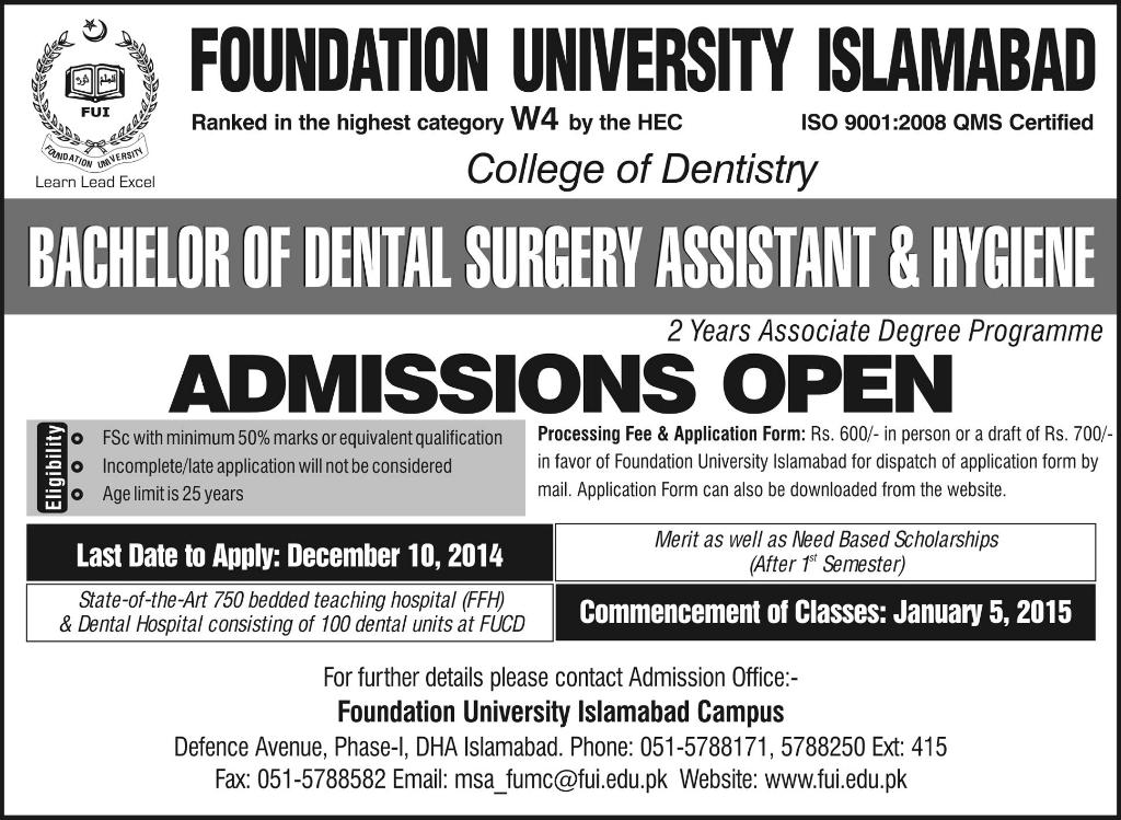 Foundation University Islamabad Admission Notice 2014