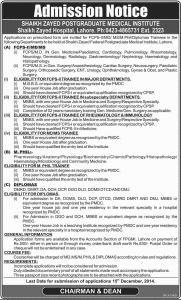 Shaikh Zayed Postgraduate Medical Institute Lahore Admission Notice 2015