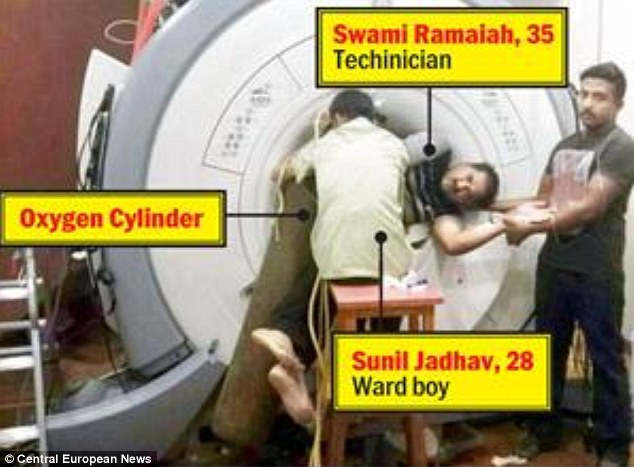 Painful: Two hospital staff (pictured) were pinned between an MRI scanner and an oxygen tank in New Delhi