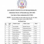 Gulab Devi Institute of Physiotherapy Lahore Final Merit List 2014-2015 for Doctor of Physical Therapy (DPT)