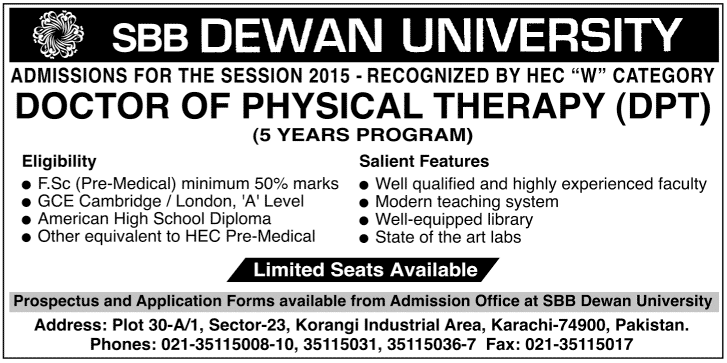 SBB Dewan University Karachi DPT Admission 2015