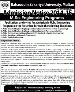 Bahauddin Zakariya University (BZU) Multan Admission 2014-2015 for M.Sc. Engineering Programs