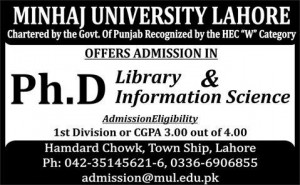 Minhaj University Lahore Admission Ph.D 2015