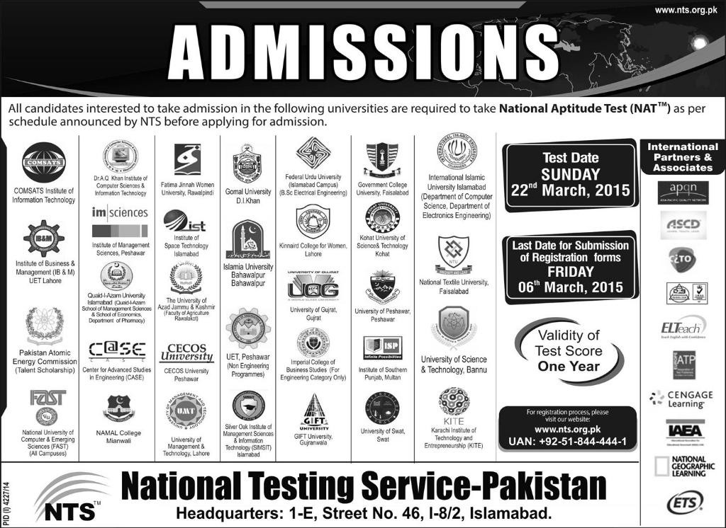 National Testing Service Pakistan NAT Admission Test 2015