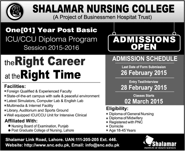 Shalamar Nursing College Lahore Admission 2015