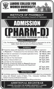 Lahore College for Women University Pharm-D Admission 2015
