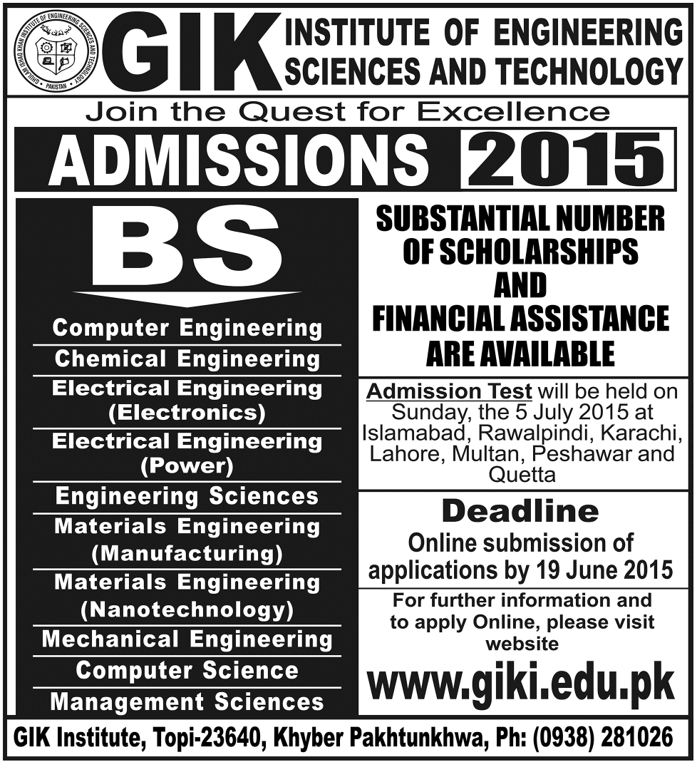 Ghulam Ishaq Khan Institute of Engineering Sciences and Technology Admissions 2015
