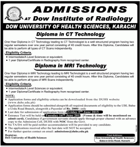 Diploma in CT & MRI Technology Admissions at Dow Institute of Radiology Karachi