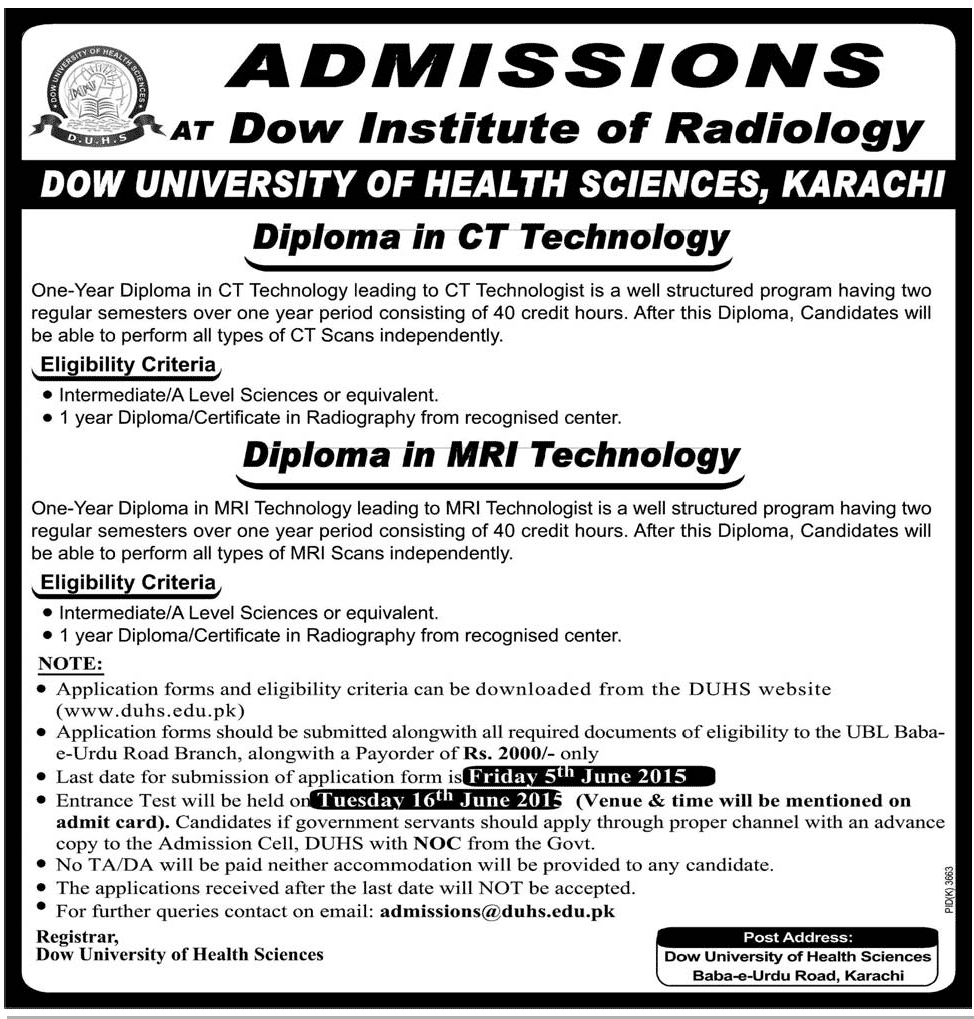 Diploma in CT & MRI Technology Admissions at Dow Institute of Radiology Karachi