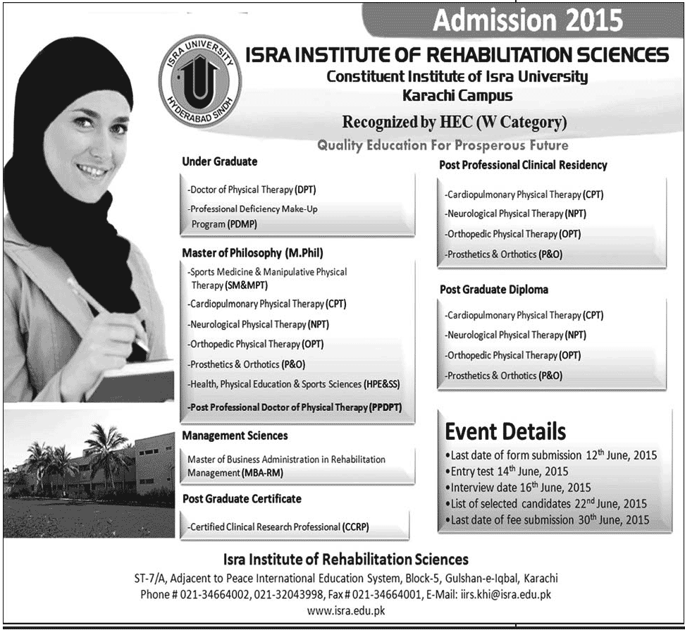 ISRA Institute of Rehabilitation Sciences Karachi DPT Admission 2015