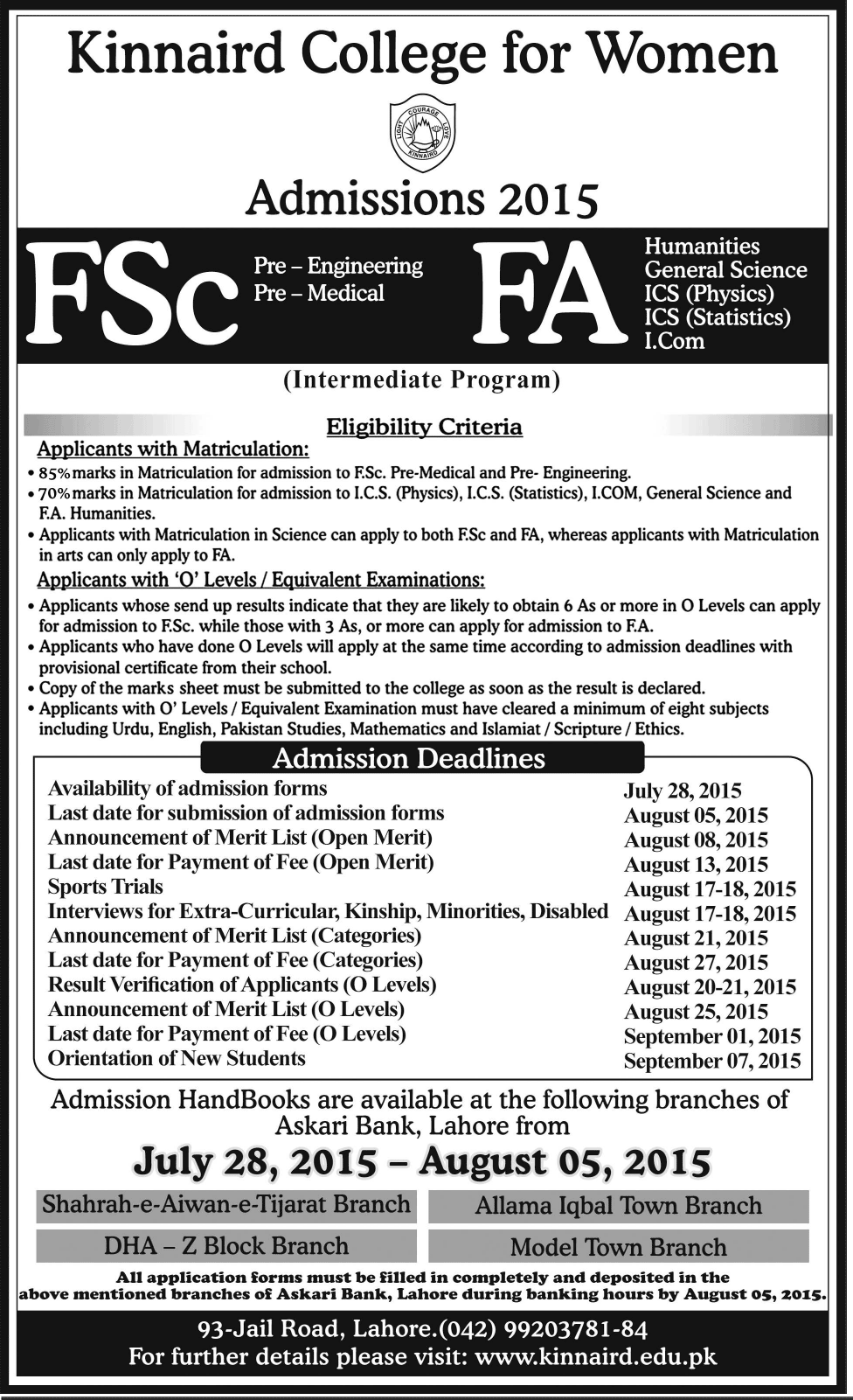 Kinnaird College for Women University FA, FSc Admissions 2015