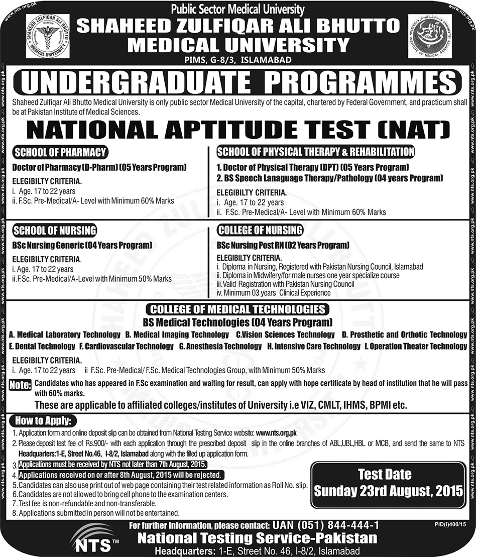 Shaheed Zulfiqar Ali Bhutto Medical University Undergraduate Admissions 2015 